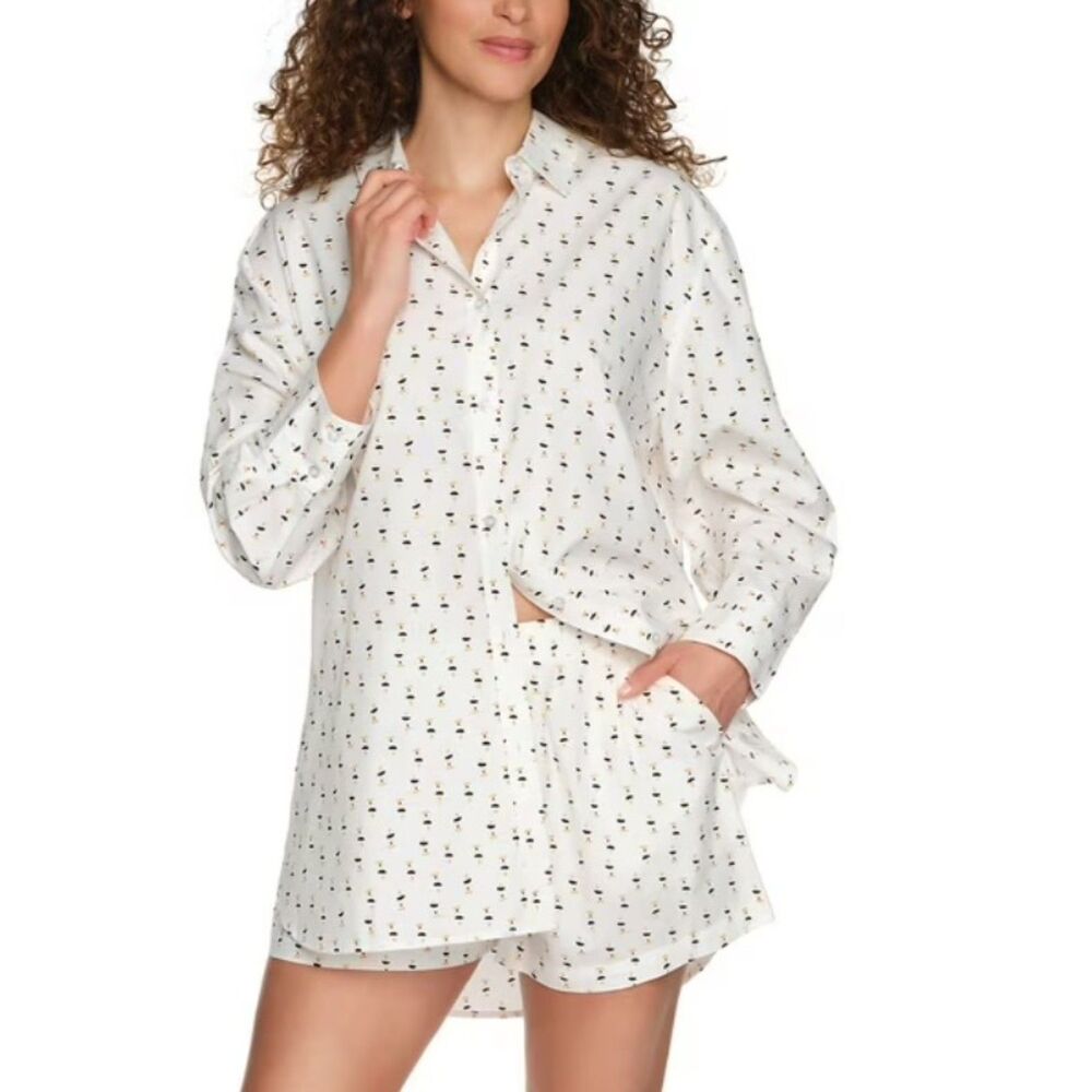 LOFT White Pajama Shirt with Tiny Black and Gold Print